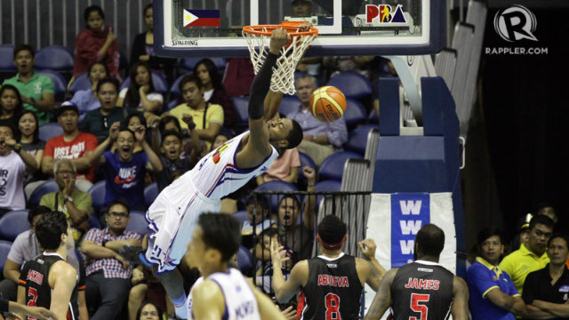 Purefoods' Denzel Bowles throws down a dunk as the Star Hotshots advance to the semis. Photo by Mark Cristino 