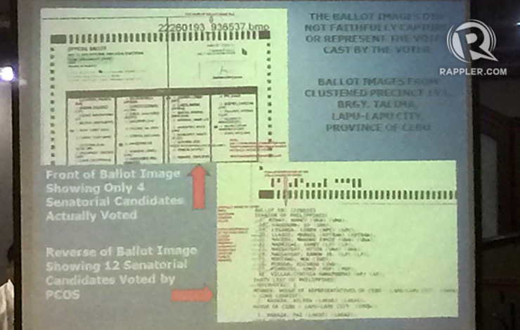 WRONG PCOS COUNT. Atty. Glenn Chong presents evidence of a 'problematic' PCOS count, caused by a 'digital line', in Clustered Precinct No. 193, Bgy. Talima, Lapu-Lapu City, Cebu. Michael Bueza/Rappler