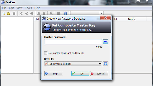 COMPOSITE MASTER KEY. A screenshot of the KeePass interface for inputting a composite master key for your personal password database.