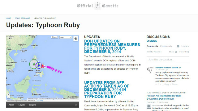 UPDATES. The Official Gazette of the Philippines dedicates a page for Typhoon Ruby updates.