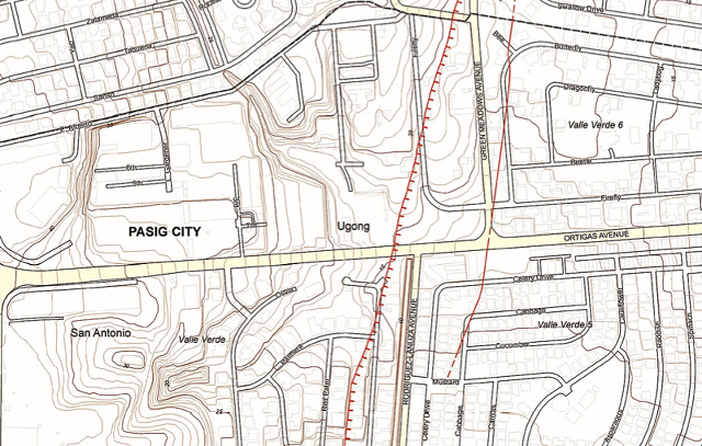 STREET-LEVEL. A page of Phivolcs' Valley Fault System Atlas shows the part of the West Valley Fault near Pasig City subdivisions Valle Verde 5 and 6. Screengrab from Valley Fault System Atlas  