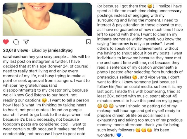 Pernyataan terakhir Sarah Sechan di akun Instagramnya. Foto dari screen capture akun Instagram Sarah Sechan. 