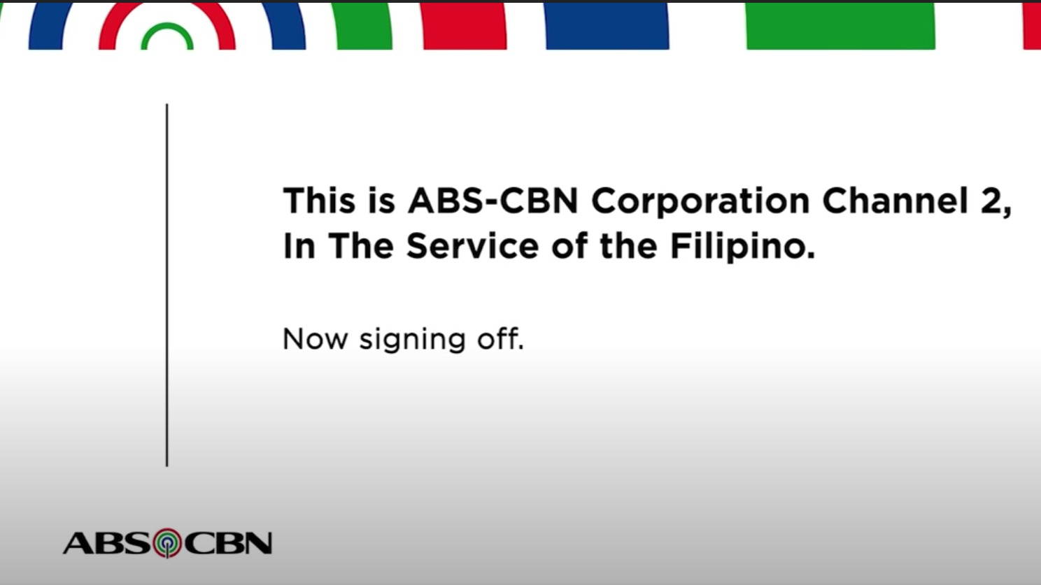 OFF-AIR. ABS-CBN airs its sign-off at 7:52 pm on May 5 as it complies with a cease and desist order from the National Telecommunications Commission. Screenshot from YouTube.com/TheABSCBNNews 
