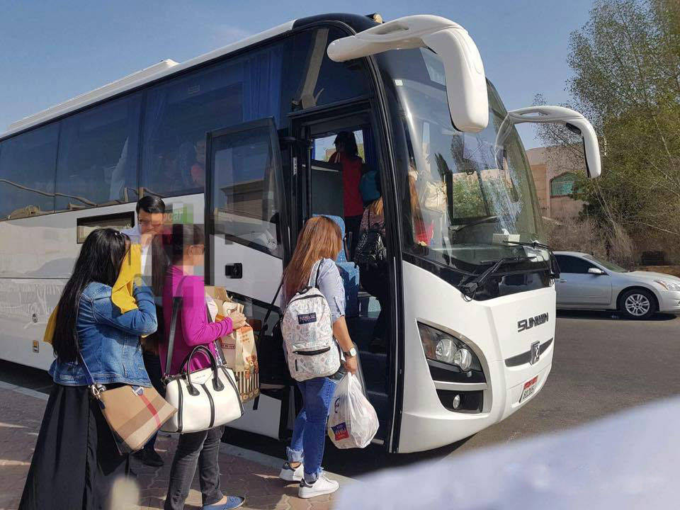 REPATRIATION. OFWs to be repatriated to the Philippines board the bus going to the airport. The Philippine Embassy Abu Dhabi and the Consulate General in Dubai has repatriated around 1,600 OFWs since January 2017. Photo from the Philippine embassy  