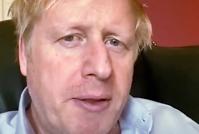 RECOVERING. A still image from footage released by 10 Downing Street, the office of the British prime minister, on April 3, 2020 shows Britain's Prime Minister Boris Johnson giving an update on his condition after he announced that he had tested positive for the new coronavirus. Photo by 10 Downing Street/AFP 