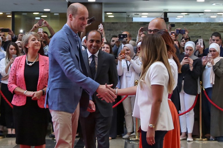 FIRST STOP. Britain's Prince William visits the Luminus Technical University College in Amman on June 25, 2018. William arrived in Jordan at the start of a Middle East tour.
Photo by Khalil Mazraawi/AFP 