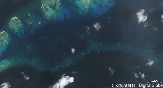 CHINESE SHIPS. The Asia Maritime Transparency Initiative (AMTI) of the Washington-based Center for Strategic and International Studies (CSIS) monitors dozens of Chinese vessels near Pag-asa Island (Thitu Island) after the Philippines begins constructing there. Photo courtesy of CSIS/AMTI/DigitalGlobe 