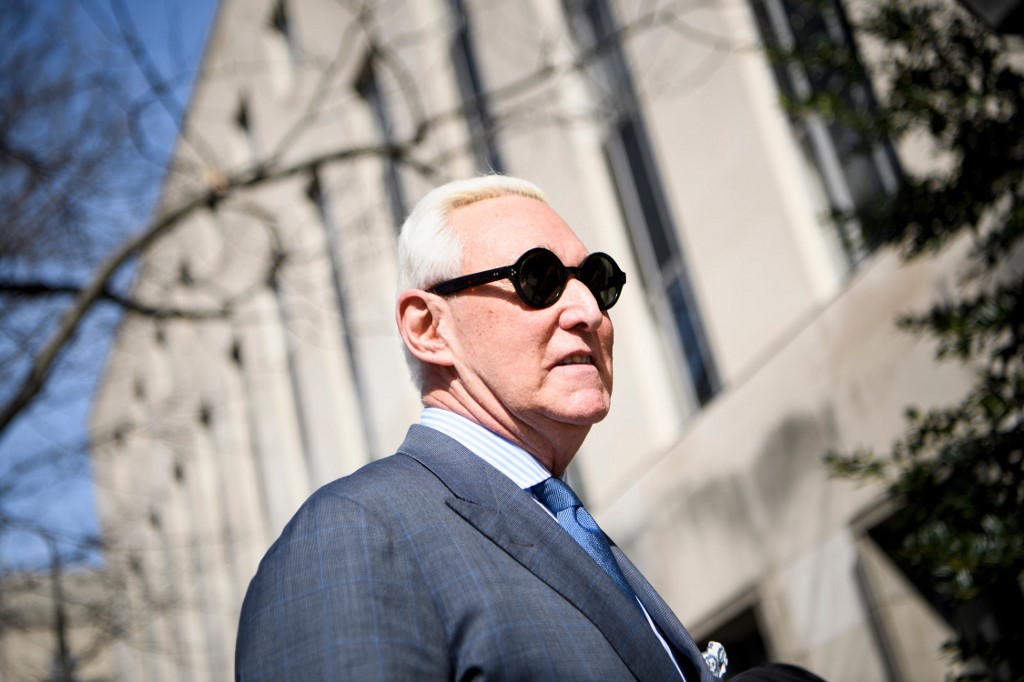ROGER STONE. In this file photo taken on February 21, 2019, former campaign advisor to US President Donald Trump, Roger Stone, arrives at US District Court in Washington, DC. Photo by Brendan Smialowski/AFP 