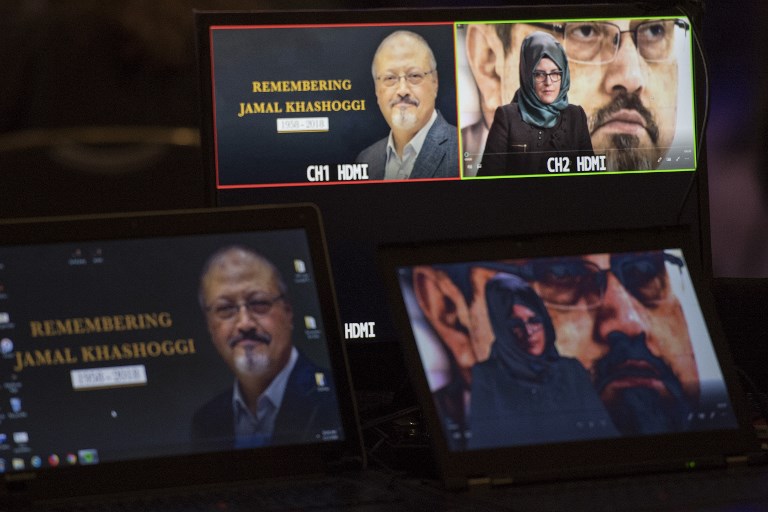 MURDERED. In this file photo taken on November 2, 2018 Hatice Cengiz, the fiancee of the late Washington Post journalist Jamal Khashoggi, delivers a prerecorded message (upper R) during a remembrance ceremony for her fiancÃ©e in Washington, DC. Photo by Jim Watson/AFP 