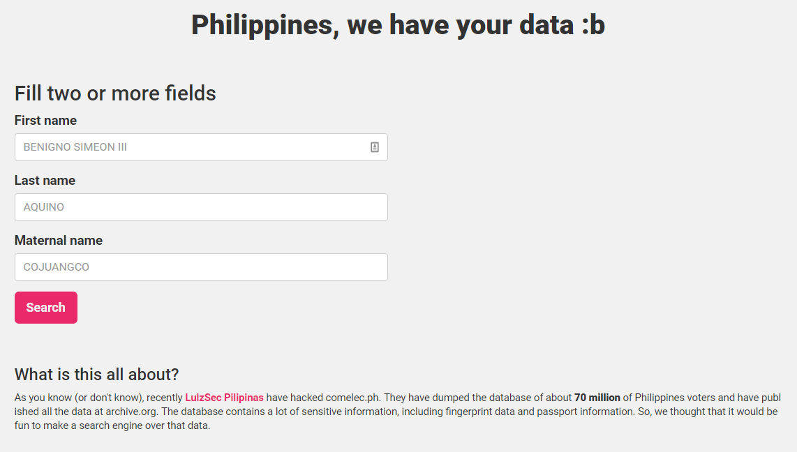 DATA BREACH. A new site lets users search through data of millions of Filipinos. Screenshot from site. 