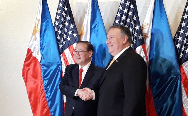 LONGTIME ALLY. Philippine Foreign Secretary Teddyboy Locsin shakes hands with US Secretary of State Mike Pompeo before their meeting at the Department of Foreign Affairs. Photo by Pia Ranada/Rappler 