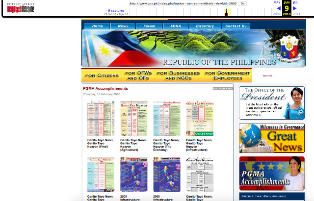 WHERE IS IT NOW? The accomplishment section of former president Gloria Macapagal Arroyo in a June 9, 2010 version of www.gov.ph. Screenshot from Internet Archive 