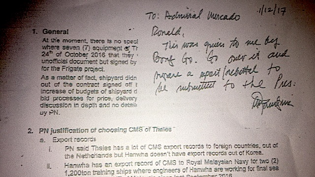 POST-IT NOTE. Defense Secretary Delfin Lorenzana asks former Philippine Navy chief Vice Admiral Ronald Mercado to respond to issues raised by Special Assistant to the President Christopher Go about the P15.5-billion project to acquire Philippine warships. Screenshot of a sourced document 