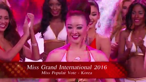 Miss Korea memenangkan kategori Miss Popular Vote dan langsung melaju ke babak 10 besar. Foto dari screen capture Facebook Live MGI 2016. 