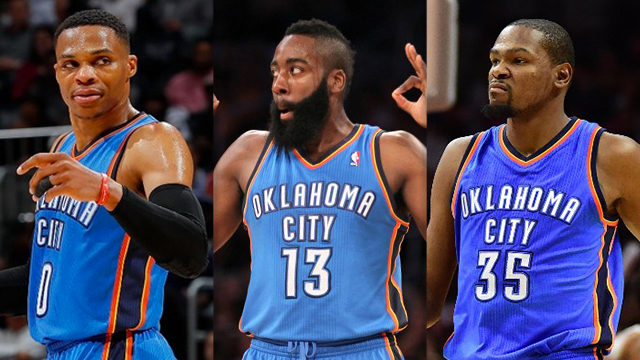 TRIUMVIRATE. These 3 NBA MVPs (from left to right) Russell Westbrook, James Harden, and Kevin Durant were all once with OKC Thunder together. Photo by Kevin C. Cox/AFP (Westbrook), Stephen Dunn/AFP (Harden), Harry How/AFP (Durant)  