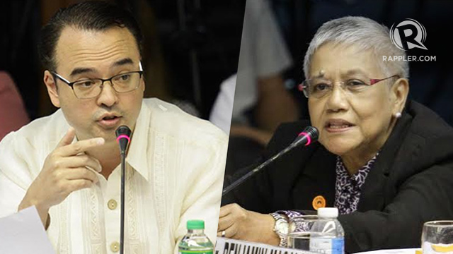 OPPOSING VIEWS. Senator Alan Peter Cayetano and Chief Peace Adviser Teresita Quintos-Deles exchange views on the alleged link of the Moro Islamic Liberation Front (MILF) to terrorists, at a Senate hearing on February 10, 2015. Photos by Mark Cristino/Rappler  