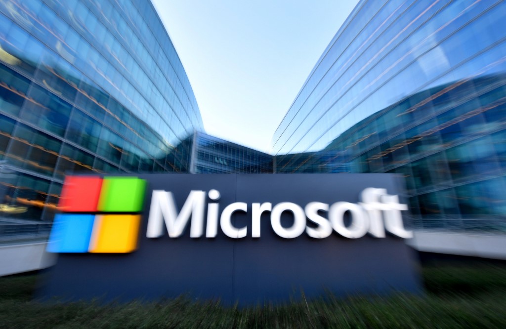 MICROSOFT. The logo of French headquarters of American multinational technology company Microsoft, is pictured outside on March 6, 2018 in Issy-Les-Moulineaux, a Paris' suburb. File photo by Gerard Julien/AFP 