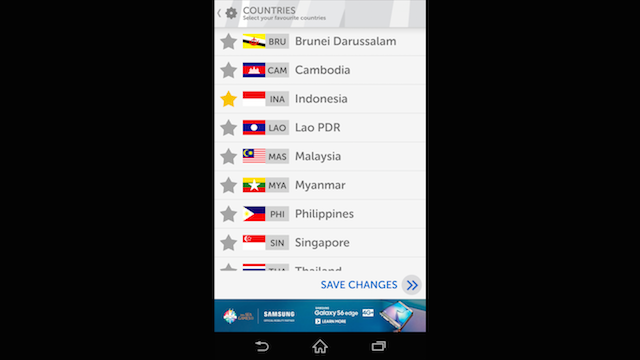 Contoh screenshot aplikasi SEA Games Results. Pengguna bisa memilih negara yang ingin dilihat hasil pertandingannya. 