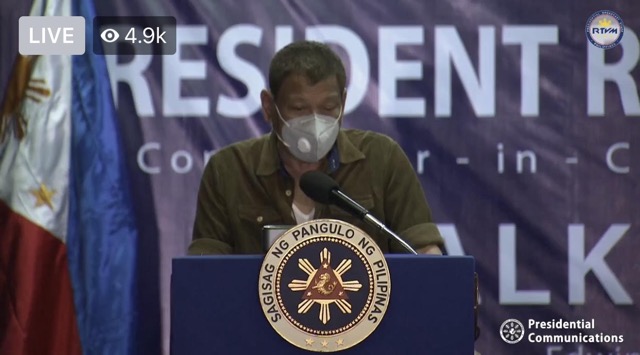 'CALMING WATERS.' President Rodrigo Duterte asks military generals to calm their troops down after the killing of 4 army intelligence officers by police in Sulu. RTVM screenshot  