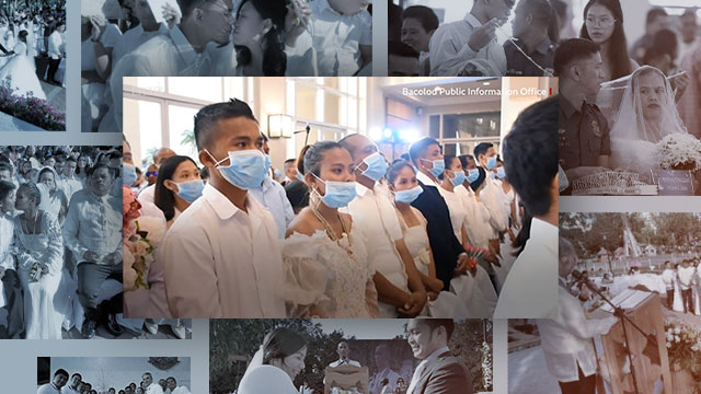TYING THE KNOT. Foreground: Screenshot from Bacolod City Information Office video; background (clockwise): Philippine National Police by Darren Langit, Baguio City by Mau Victa, and Navotas City by the public information office. 