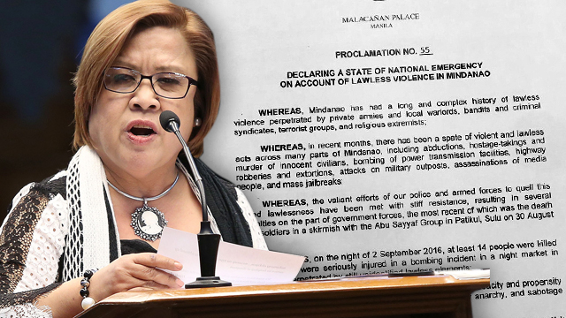 PRONE TO ABUSE. Senator Leila De Lima expresses concern over two Palace guidelines on the implementation of the state of national emergency on the basis of lawless violence.  