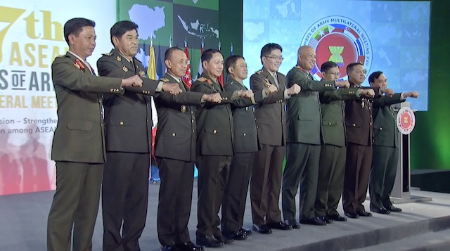 CLENCHED FIST. Armed Forces of the Philippines chief Lieutenant General Eduardo Año (5th from left) and the chiefs of Armies in the region do the signature clenched fist gesture of Philippine President Rodrigo Duterte  