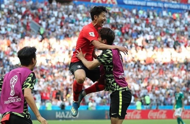GOL. Penyarang Korsel Son Heung-min merayakan golnya ke gawang Jerman. Foto instagram @tkfa 