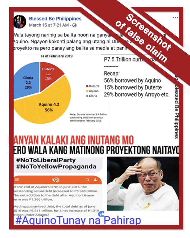 Screenshot of false claim on the national debt that was shared by Facebook page Blessed Be Philippines in March 2019 