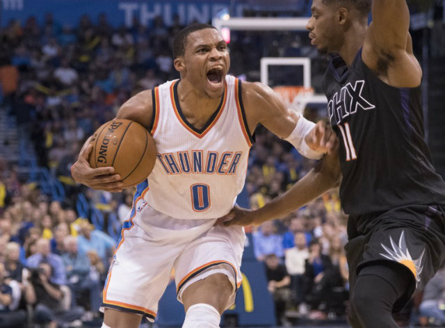 TRIPLE-DOUBLE. Russell Westbrook posts a 51-point triple-double to lead the Thunder in a 113-110 overtime win over the Suns. J Pat Carter/Getty Images/AFP   