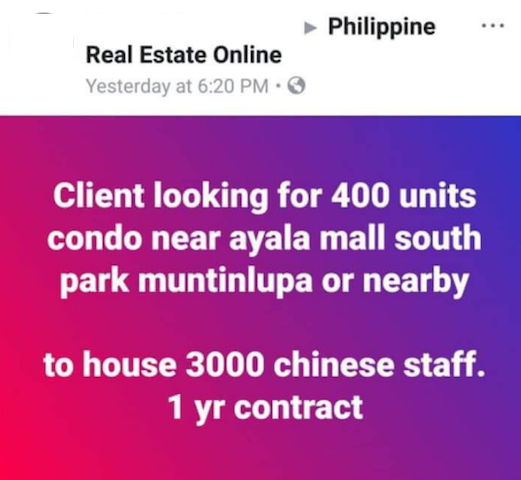 IN BULK. Real estate agents are scrambling to meet the needs of the Chinese market. Screengrab from Philippine Real Estate Online Facebook group  