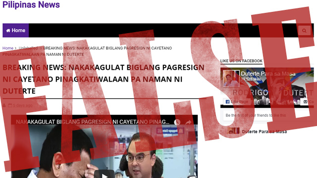 Screengrab of a July 7 fullnewsph.xyz post claiming Department of Foreign Affairs (DFA) Secretary Alan Peter Cayetano has resigned. 