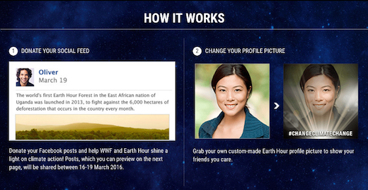 SOCIAL MEDIA. A screenshot from Earth Hour's website shows how netizens can donate their social feed and change their profile pictures to show support for climate action. Screengrab taken from Earth Hour's website 