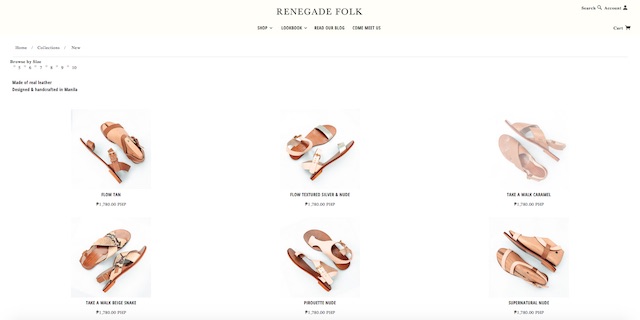 CLEAN AND SLEEK. Shoe brand Renegade Folk's website is easy to navigate and contains all pertinent information. Screen grab from www.renegadefolk.com   