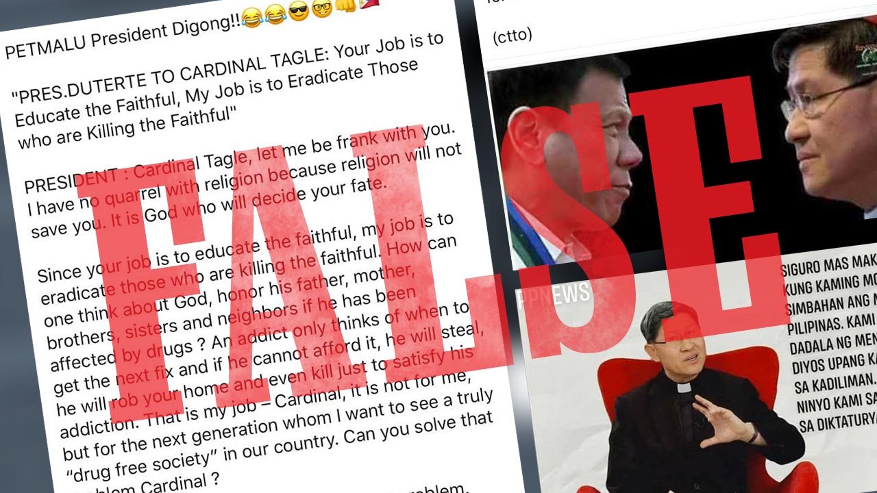 A screengrab of two Facebook posts showing an alleged verbal exchange between Manila Archbishop Luis Antonio Cardinal Tagle and President Rodrigo Duterte. 