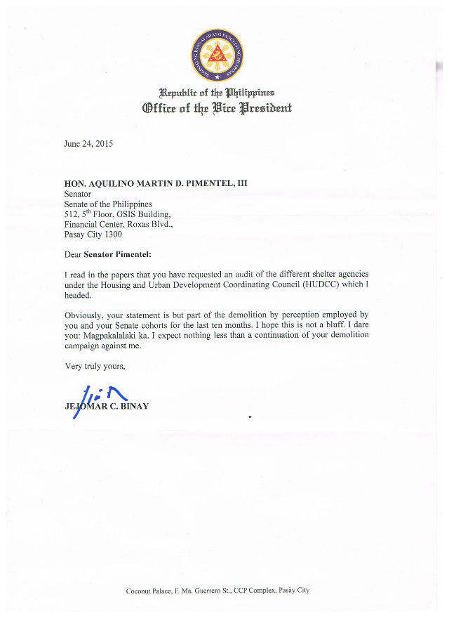 Vice President Binay's letter to Senator Koko Pimentel. Photo courtesy of Pimentel's office 