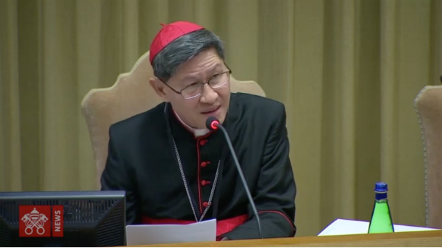 HISTORIC SUMMIT. Manila Archbishop Luis Antonio Cardinal Tagle delivers the first presentation on February 21, 2019, the first day of a historic sex abuse summit convened by Pope Francis. Screenshot from Vatican News 