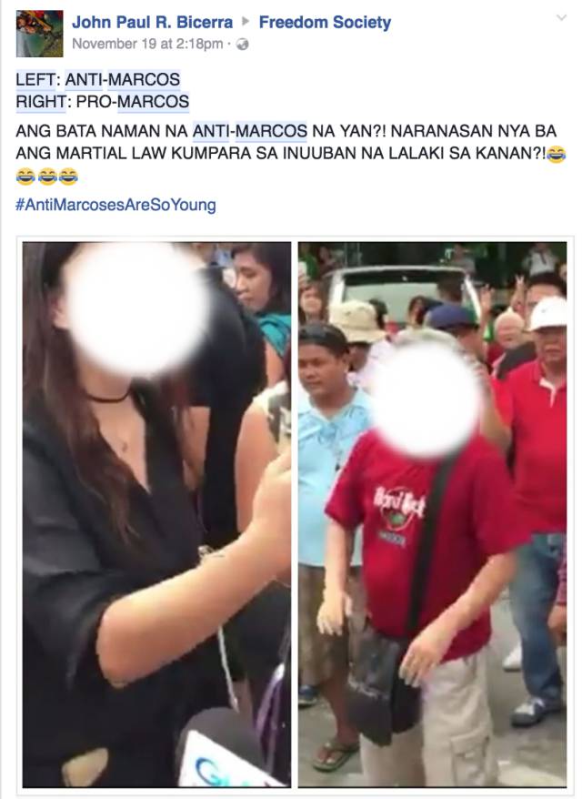 UNEQUAL COMPARISON. A Facebook post attempts to compare the age range of anti- and pro-Marcos protesters by showing photos of two random people from each camp.  