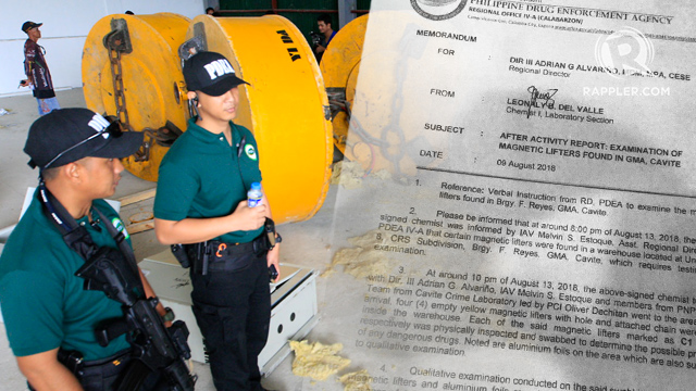 CONTRADICTION. PDEA's laboratory contradicts its own claim that illegal drugs were packed inside the magnetic lifters found at General Mariano Alvarez in Cavite. Sourced photo, Ben Nabong/Rappler.com  