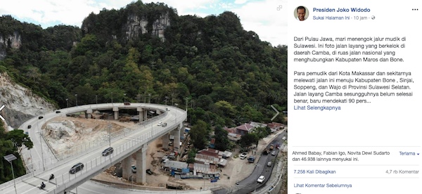 PAMER. Presiden Joko Widodo memamerkan tol baru di Sulawesi yang bisa digunakan pemudik pada Lebaran 2018. Screenshot dari Facebook Jokowi 