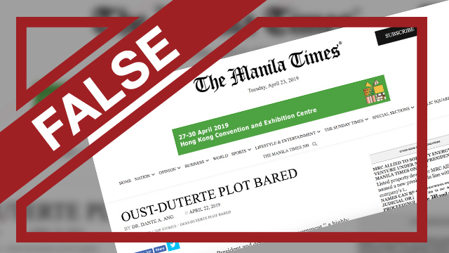 A screenshot of a Manila Times post that claims media and human rights groups are plotting to oust the president. 