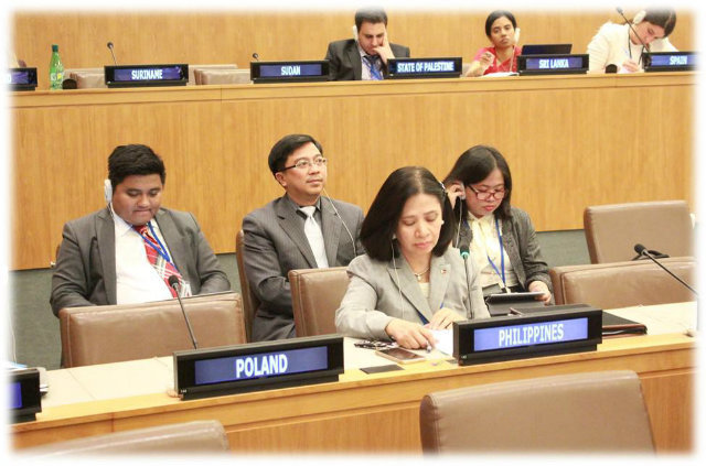 'FORCING CHANGE.' Philippine Ambassador to the UN Lourdes Yparraguirre criticizes China's reclamation work in the South China Sea at an UNCLOS meeting in the UN Headquarters in New York. Photo courtesy: DFA 