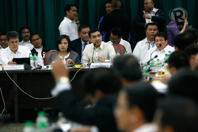 'REFEREE'. Justice Committee chairman Iloilo Representative Niel Tupas Jr called for a break to calm down the situation. Photo by Ben Nabong/Rappler