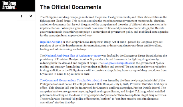 DOCUMENTS. The website summarizes documents related to the anti-drug campaign and gathers links to their complete texts. Screengrab from The Drug Archive website  