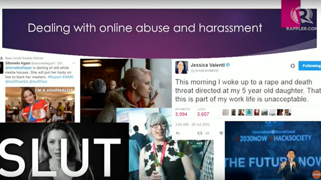 ONLINE MISOGYNY. A study shows women journalists receive 3 times more harassment than men in social media platforms like Twitter /Screengrab from Julie Posetti's presentation 