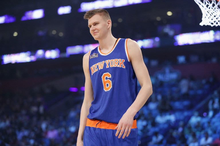 NEGATIVE. Kristaps Porzingis was diagnosed with a twisted knee but an MRI scan shows no structural damage. File photo by Ronald Martinez/Getty Images/AFP  