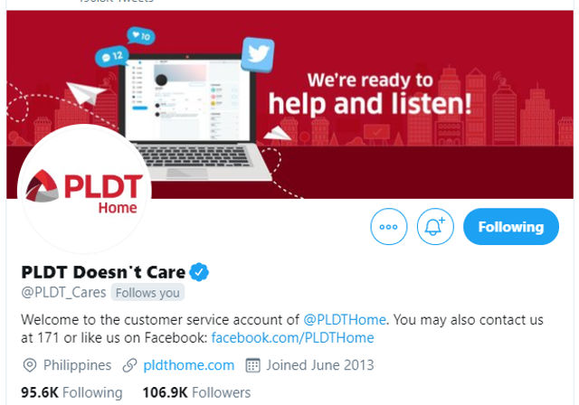 DEFACED. The PLDT Twitter account appears to have been tampered with. Screenshot from Twitter. 