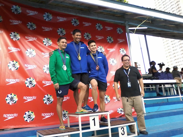 MEN'S PODIUM. Jessie Lacuna (gold), Sacho Illustre (silver) and Miguel Barlisan (bronze). Photo from UAAP release 