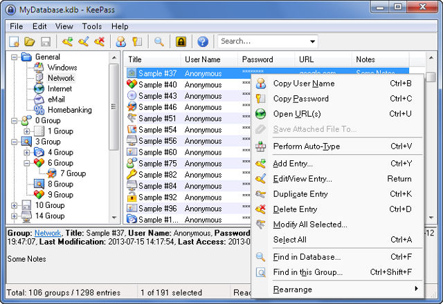KEEPASS. A sample of a KeePass Database. Screenshot from KeePass website