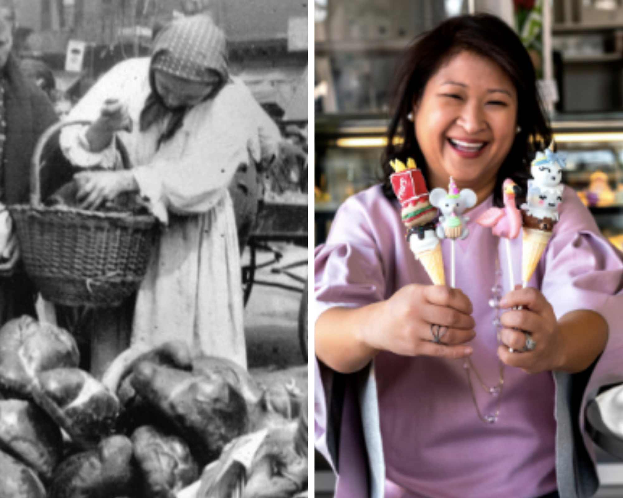 STORIED PAST. Left: Immigrant pushcart food vendors at the Essex Market in the late1800s in New York, from where the likes of pizza and pastrami became ubiquitous in American cuisine. Right: Rebeccaâs Cake Pops, founded by Filipino-American Rebecca Eng. Photo courtesy of Leticia Labre 