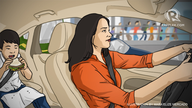 PPP TRAFFIC JAM. 41-year-old Celina Garcia is just one of the millions Filipino motorists and commuters who find getting around Metro Manila more time-consuming than ever. Illustration by Mara Mercado/Rappler  
